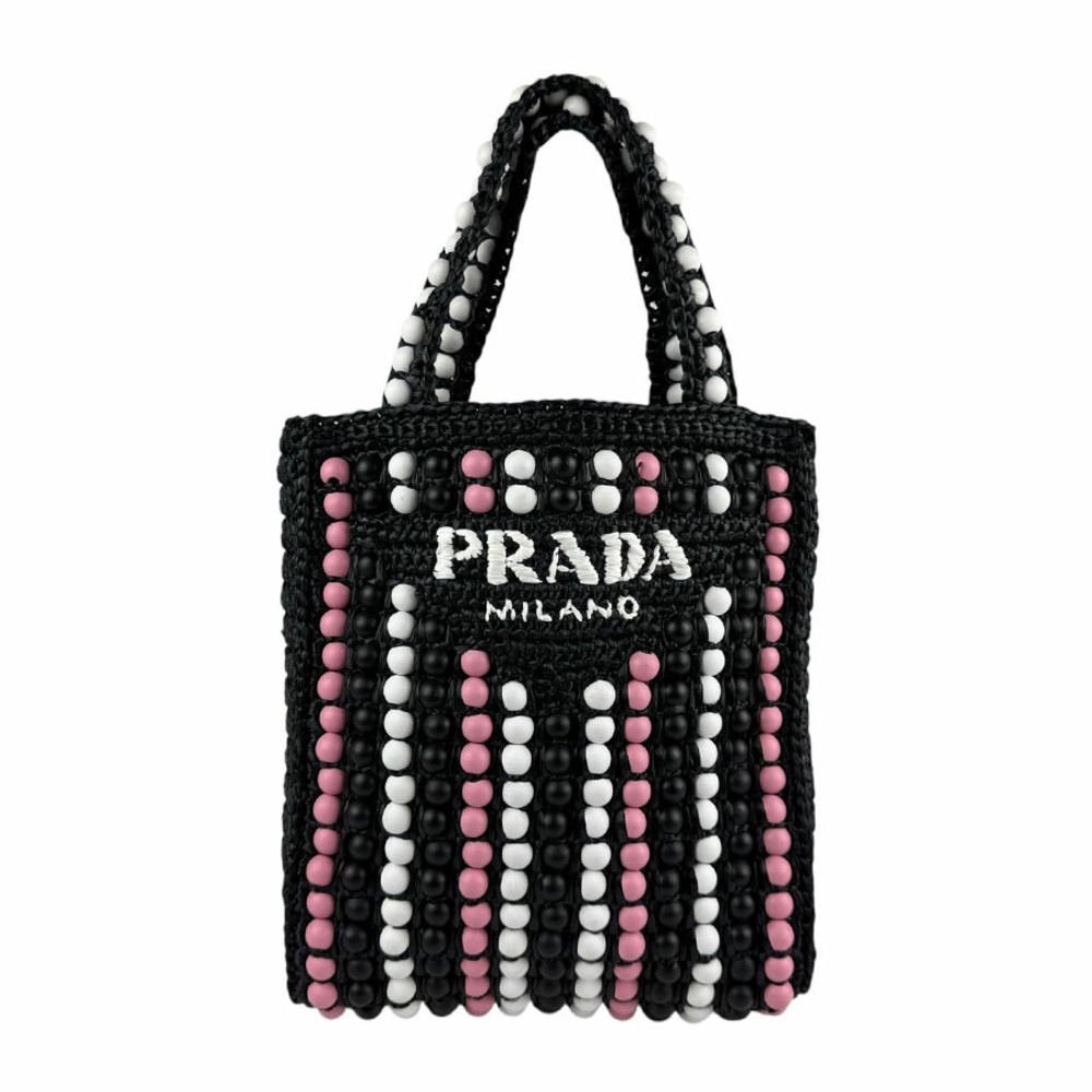 Prada handbag tote bag raffia wood black white pink